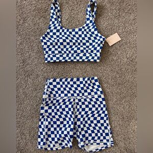NWT Wilo The Label Blue and White Check The Wave Bike shorts and Bra set. Medium